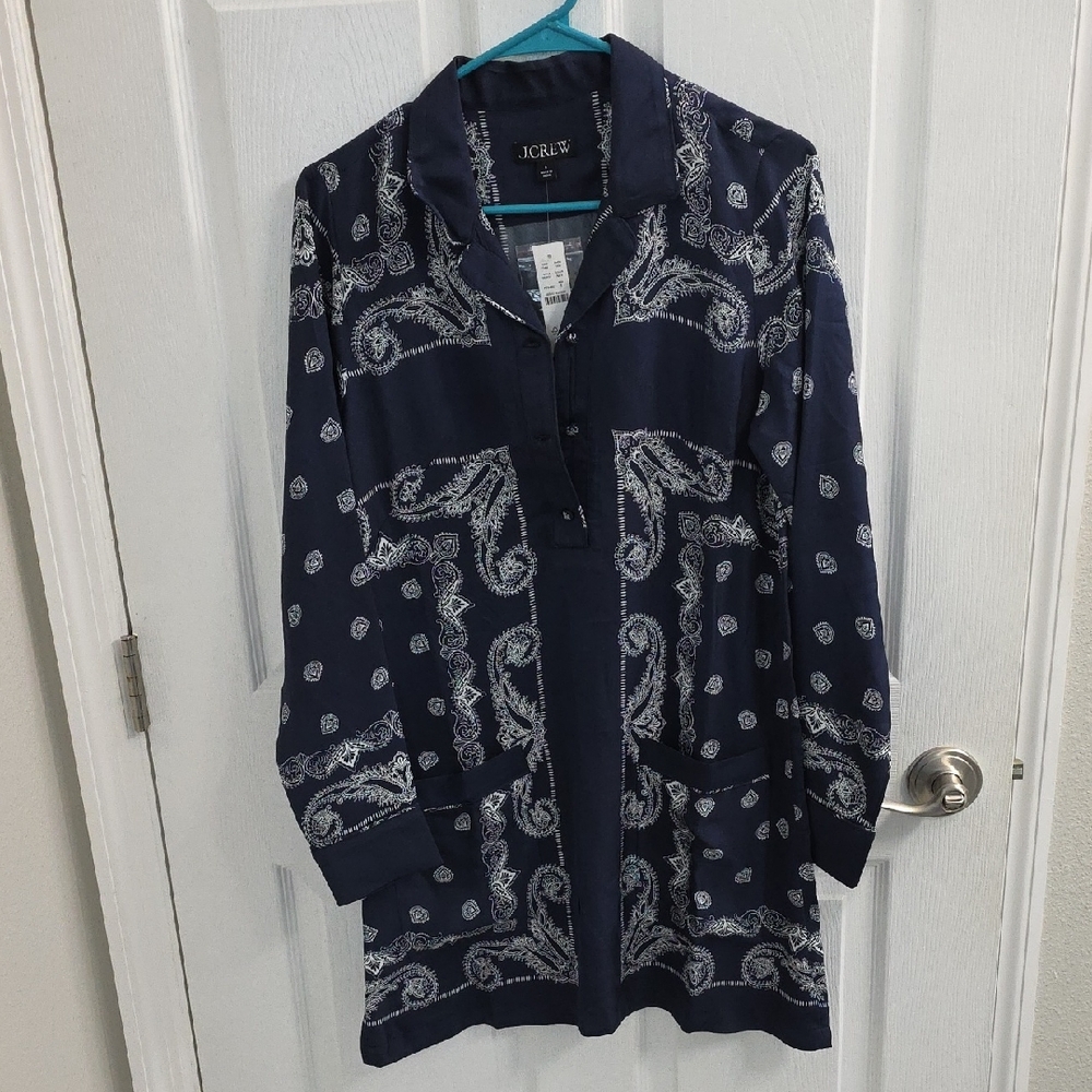 J. Crew Navy Blue Relaxed Fit Shirt Dress Bandana Print  Nwt Size 0
